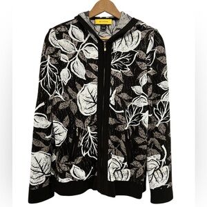 St. John Wool Blend Full Zip Brown Floral Hooded Cardigan Sweater Jacket - S